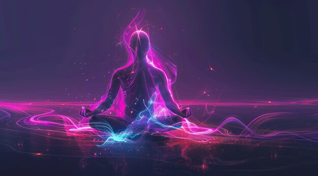 Femme en pose de yoga avec des lignes et des particules lumineuses