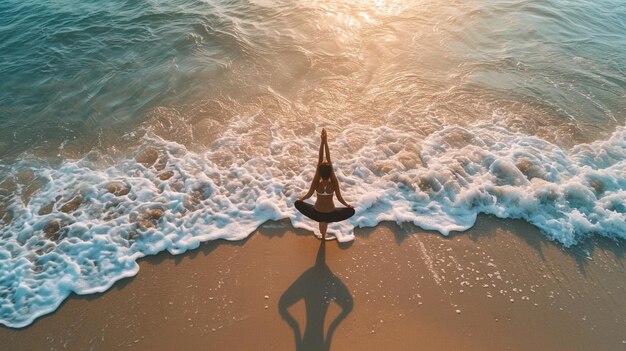 Photo une femme en pose de yoga sur la plage avec son arrière-plan