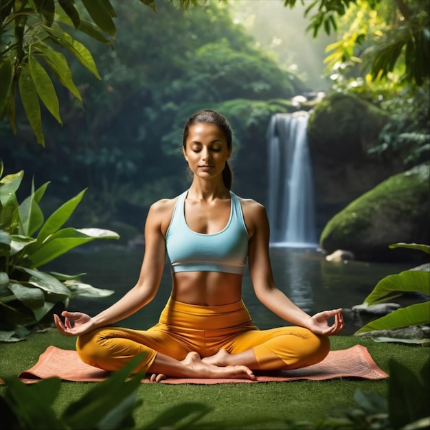 une femme en posture de yoga devant une cascade