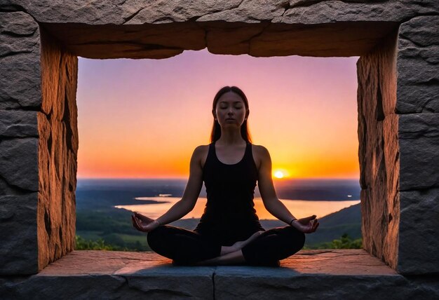 Photo une femme en posture de yoga devant un coucher de soleil