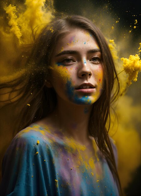 Photo une femme avec de la poudre de couleur jaune sur le visage et les cheveux