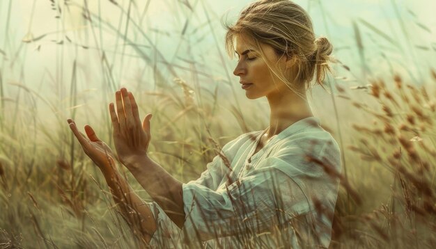 Une femme pratiquant habilement l'art ancien du Tai Chi dans une prairie paisible sous un ciel bleu clair AIG58
