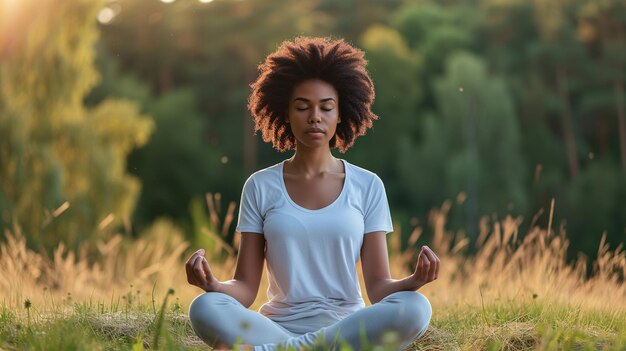 Une femme pratiquant le yoga sur un champ herbeux Concept de calme et de relaxation