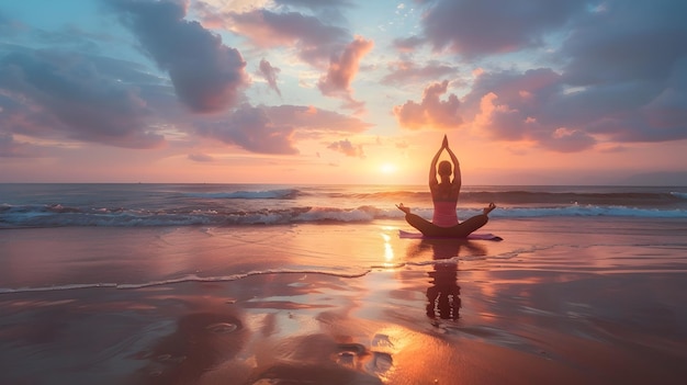 Une femme pratiquant le yoga sur la plage au coucher du soleil