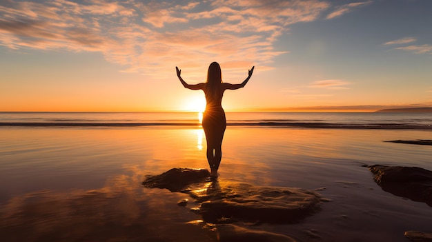 Une femme pratiquant le yoga sur la plage au lever du soleil