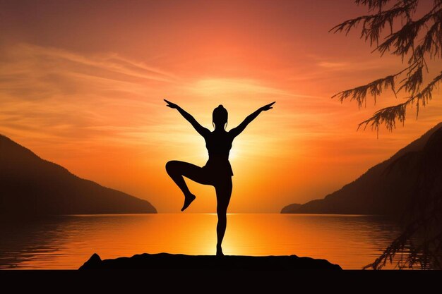 une femme pratique le yoga sur un lac avec des montagnes en arrière-plan.