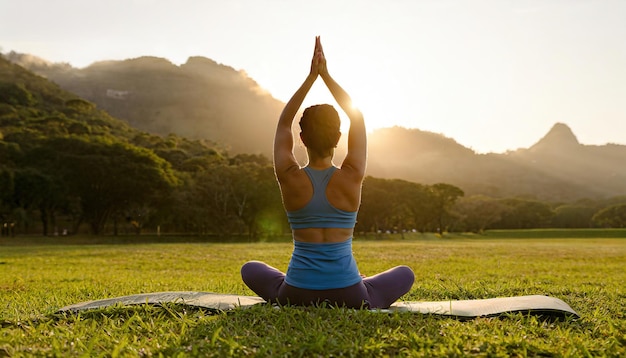 une femme pratique le yoga et médite en position du lotus sur le terrain