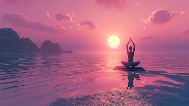 Photo une femme pratique le yoga sur une plage au coucher du soleil le soleil se couche sur l'océan et le ciel est d'une couleur rose foncé