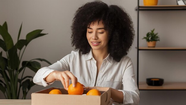 Photo une femme prenant une orange d'une boîte.