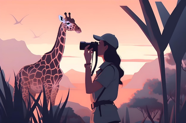 Une femme prenant une photo d'une girafe dans un paysage