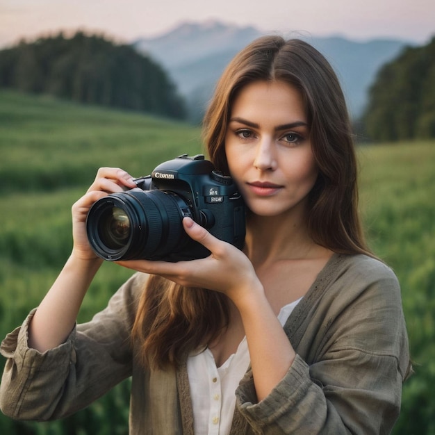 Une femme prenant une séance photo avec un appareil photo numérique avec un arrière-plan flou