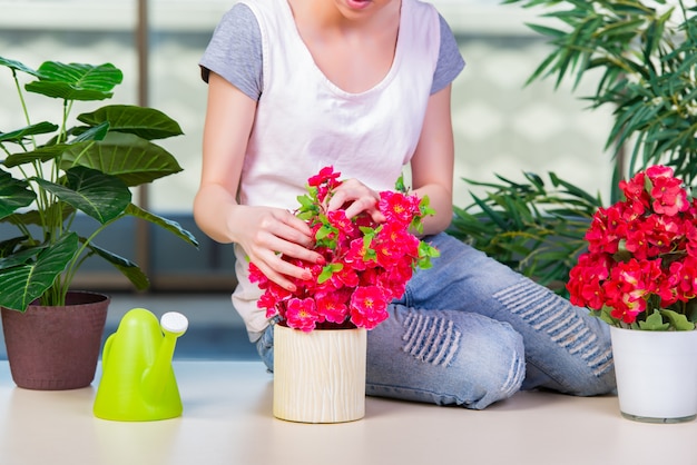 Femme prenant soin des plantes de la maison