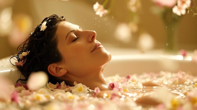 Photo une femme prend un bain de fleurs dans un spa.