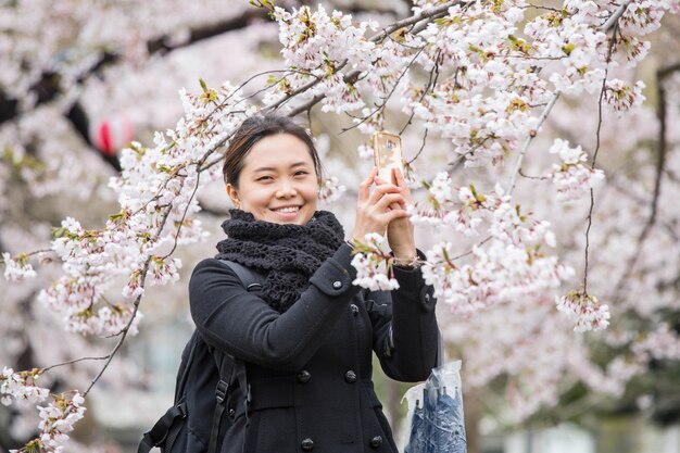 Une femme prend des fleurs de cerisier en photo avec un mobile dans le jardin Hokkaido au Japon.