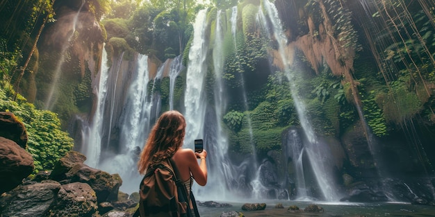 Une femme prend une photo d'une cascade époustouflante avec son smartphone