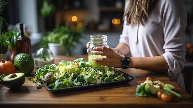 Une femme prend une photo de fruits et légumes frais