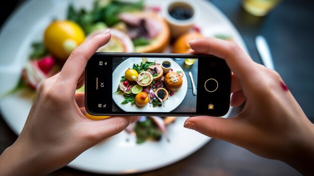 Une femme prend une photo de la nourriture sur son téléphone.