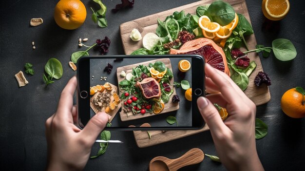 Une femme prend une photo de la nourriture sur une table noire avec un appareil photo et un couteau.