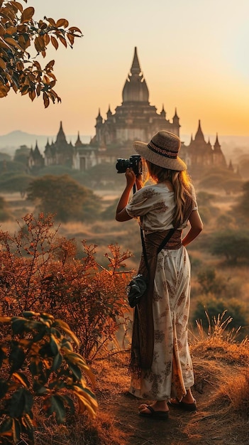 Photo une femme prend une photo d'une pagode