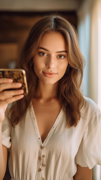 une femme prend un selfie devant un miroir.