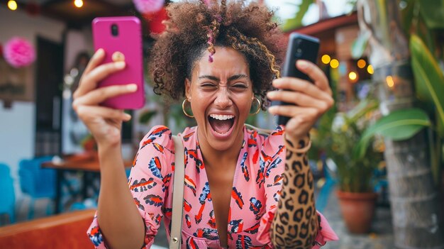 Photo une femme prend un selfie avec son téléphone