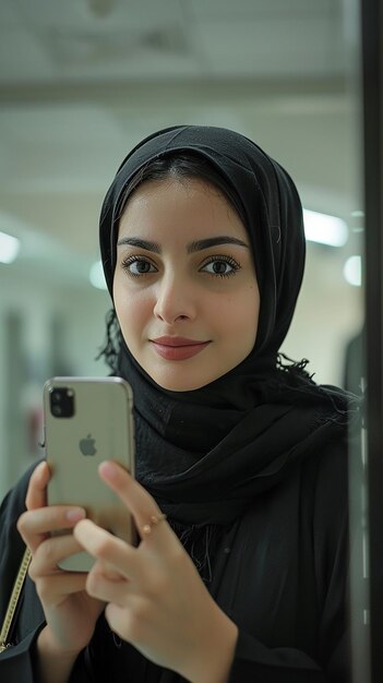 une femme prend un selfie avec un téléphone