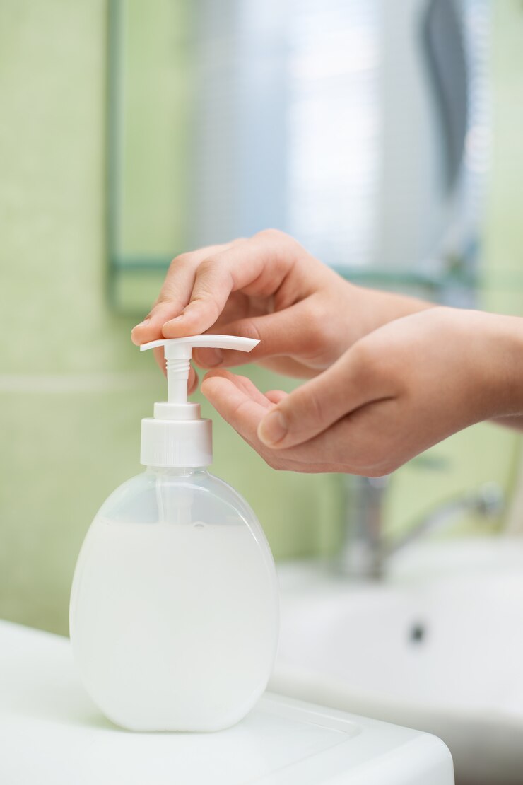 Photo femme, prendre, liquide, savon, bouteille
