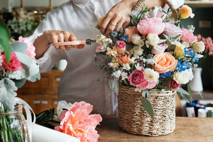 Photo femme préparant et arrangeant des fleurs