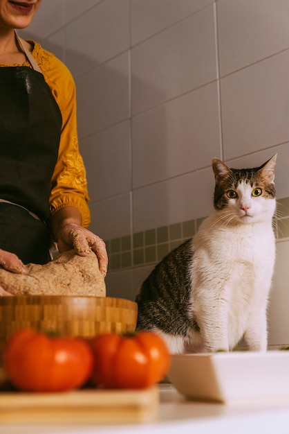 Femme préparant de délicieuses pizzas avec son chat doux. Concept fait maison.