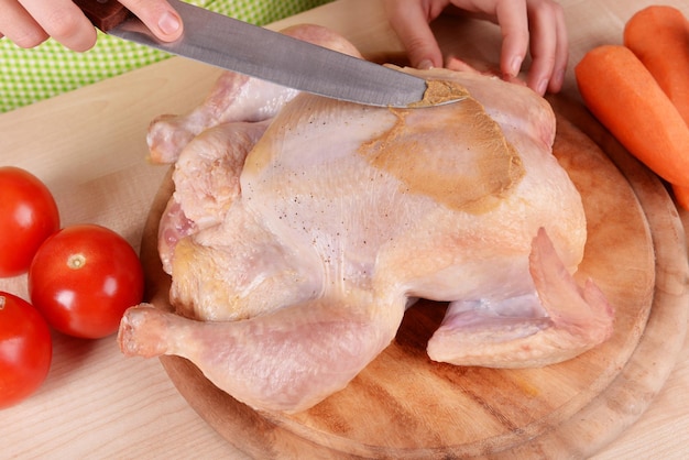 Femme préparant gros plan de poulet