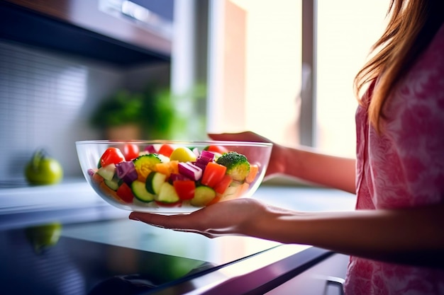 Femme préparant un légume bouilli au micro-ondes Ai généré