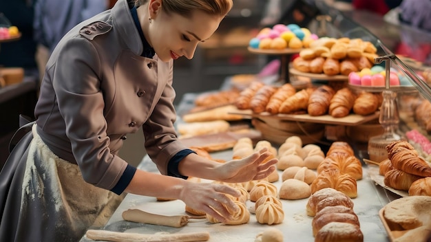 Photo femme préparant des pâtisseries confiseur dans un manteau