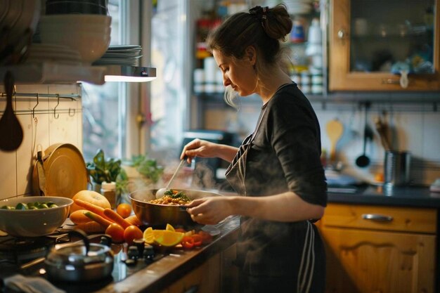 Femme préparant une photo de déjeuner dans une atmosphère familiale dans la cuisine