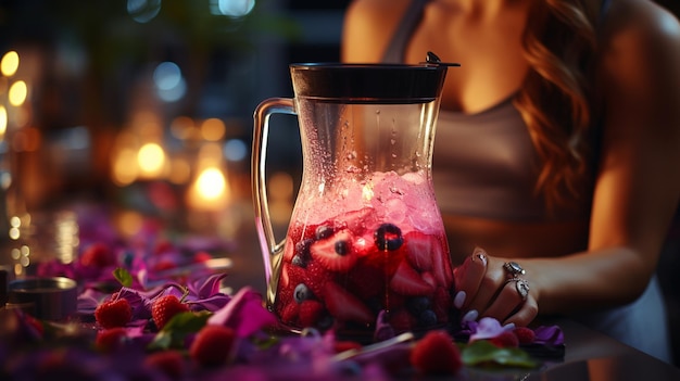 Femme préparant un smoothie aux fruits avec un mixeur