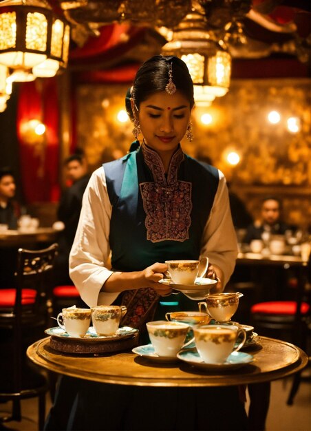 une femme prépare du thé dans un restaurant avec beaucoup de tasses