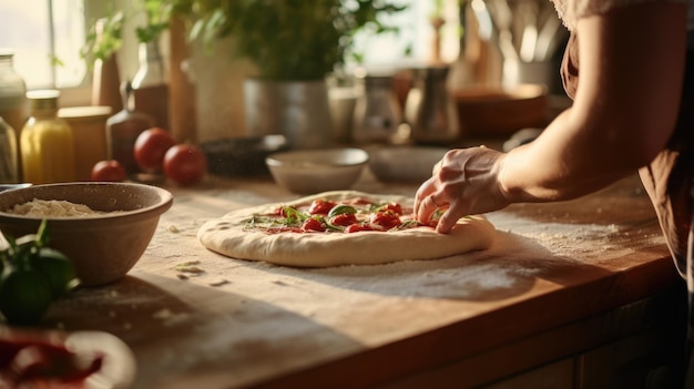 Photo une femme prépare une pizza maison dans la cuisine.