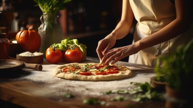 Une femme prépare une pizza maison dans la cuisine