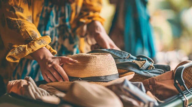 Une femme prépare et plie des vêtements dans une valise Concept de vacances et de voyage