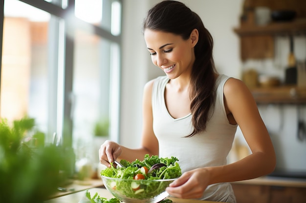 une femme prépare une salade un régime alimentaire sain