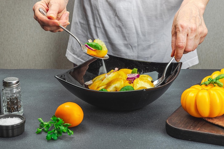 Photo une femme prépare une salade de tomates légumes mûrs herbes épices aromatiques huile d'olive cuisine maison ingrédients frais