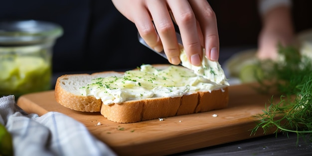 Une femme prépare un sandwich avec de la mayonnaise à une table grise