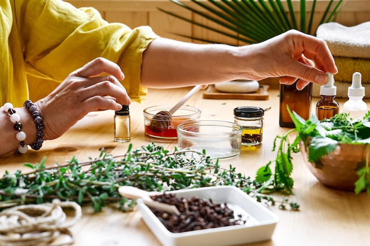 Photo une femme prépare une séance d'aromathérapie avec un diffuseur d'huiles essentielles, des herbes médicinales, des huiles et des essences.