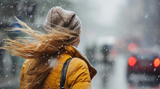 Photo une femme prise dans la tempête de neige, le chaos urbain de l'hiver.