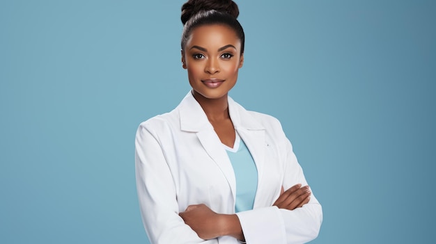 Une femme professionnelle aux cheveux courts portant des lunettes et un manteau de laboratoire blanc souriant avec confiance avec ses bras croisés sur un fond coloré