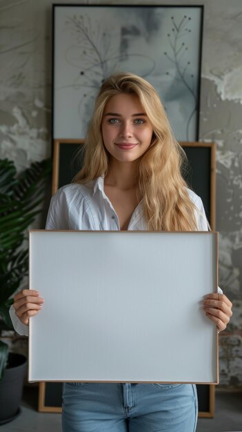 Une femme professionnelle blonde examinant des cadres de photos vides dans le salon AI générative