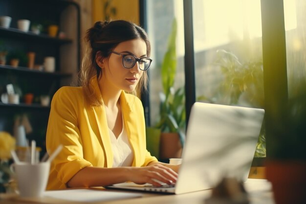 Une femme professionnelle concentrée dans une veste jaune travaillant sur un ordinateur portable dans un bureau moderne