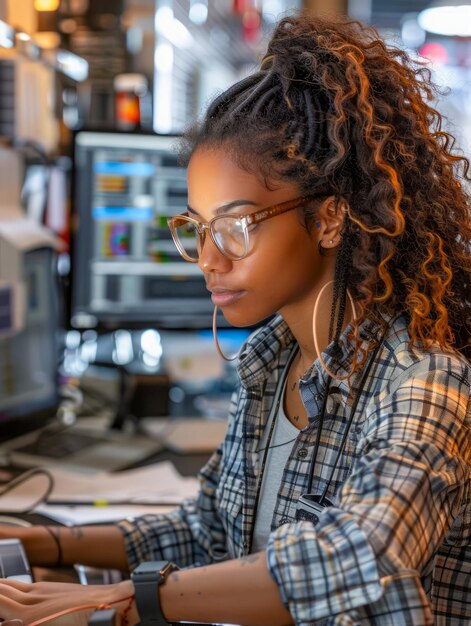 Photo une femme professionnelle concentrée travaillant à l'ordinateur dans un bureau moderne