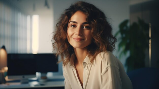 Une femme professionnelle confiante au bureau souriante à la lumière naturelle.