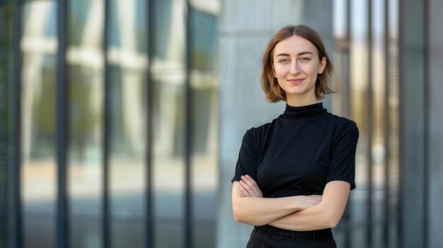 Femme professionnelle confiante avec les bras croisés dans un contexte urbain concept d'entreprise