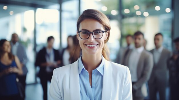 Photo une femme professionnelle en costume et lunettes menant un groupe adapté aux présentations d'affaires